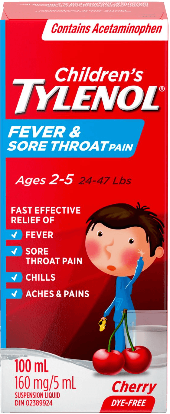 Product for sale: Tylenol Children's Fever & Sore Throat Pain Dye-Free Cherry Suspension Liquid 160mg/5mL 100mL-Default Title